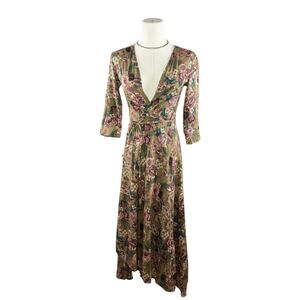 Mia Joy Floral Wrap Midi Dress | Green Boho V-Neck Feminine Dainty | Sz 10 | NWT